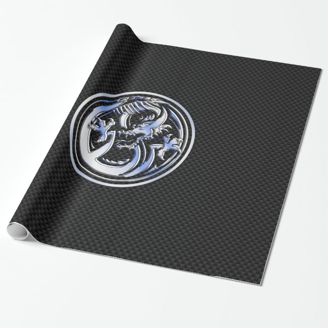 Chrome style Dragon badge on Carbon Fibre Print Wrapping Paper (Unrolled)