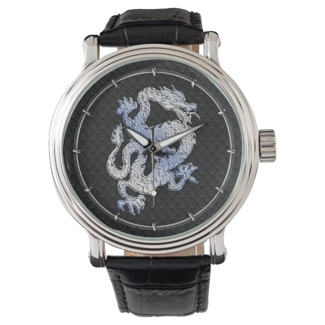 Chrome Style Dragon in Black Snake Skin Print Watch (Front)