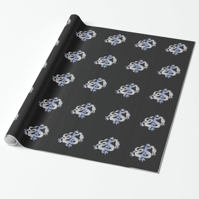 Chrome Style Dragon in Black Snake Skin Print Wrapping Paper (Unrolled)