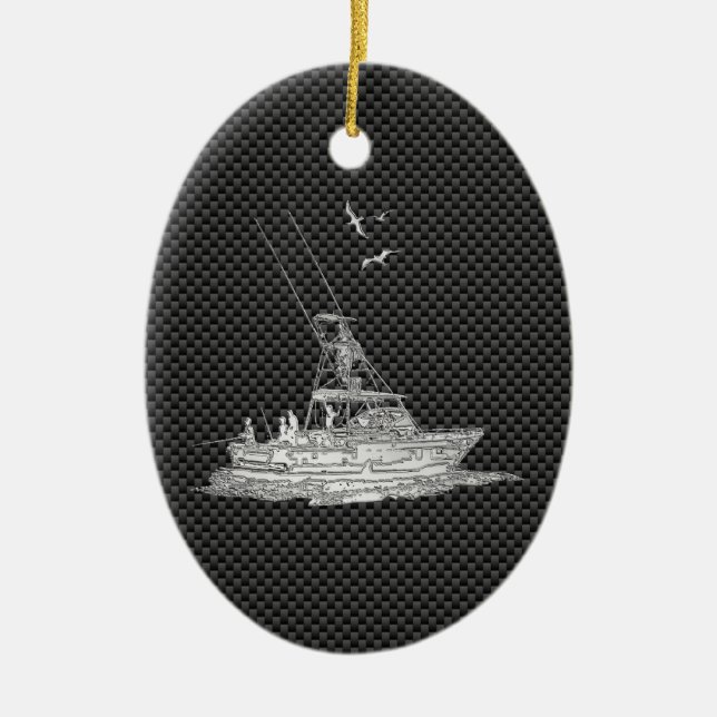 Chrome Style Fishing Boat on Carbon Fibre Ceramic Tree Decoration (Front)