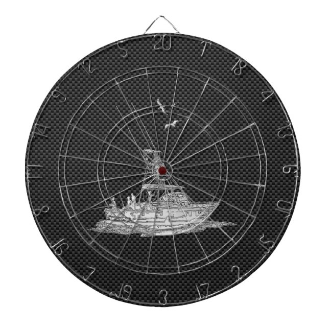 Chrome Style Fishing Boat on Carbon Fibre Dartboard (Front)