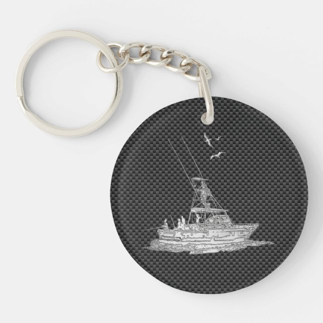 Chrome Style Fishing Boat on Carbon Fibre Key Ring (Front)