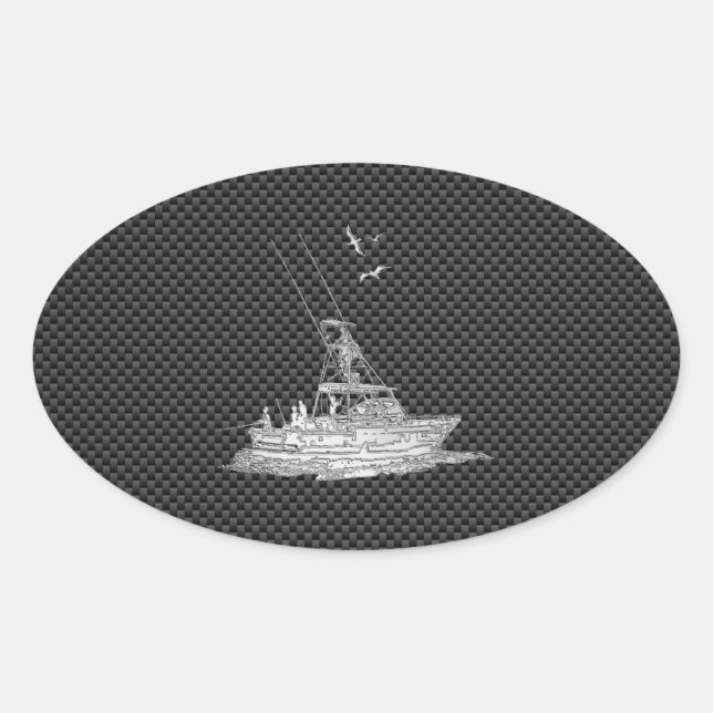 Chrome Style Fishing Boat on Carbon Fibre Oval Sticker (Front)