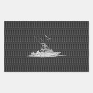 Chrome Style Fishing Boat on Carbon Fibre Rectangular Sticker