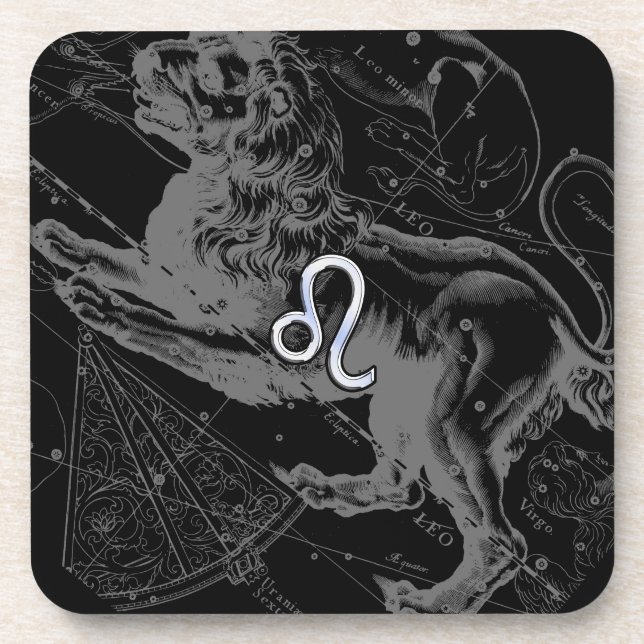 Chrome Style Leo Zodiac Sign on Hevelius Coaster (Front)
