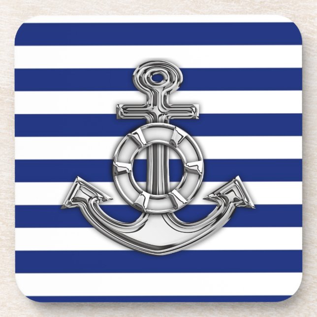 Chrome Style Lifesaver on Nautical Stripes Coaster (Front)