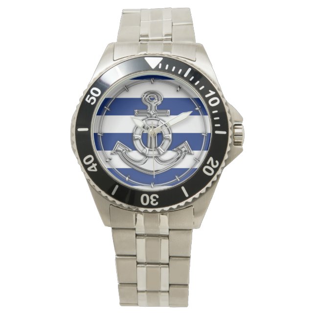 Chrome Style Lifesaver on Nautical Stripes Watch (Front)