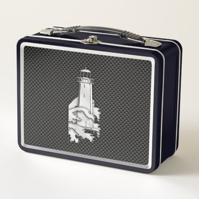 Chrome Style Lighthouse on Black Carbon Fibre Metal Lunch Box (Front)
