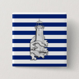 Chrome Style Lighthouse on Blue Nautical Stripes 15 Cm Square Badge