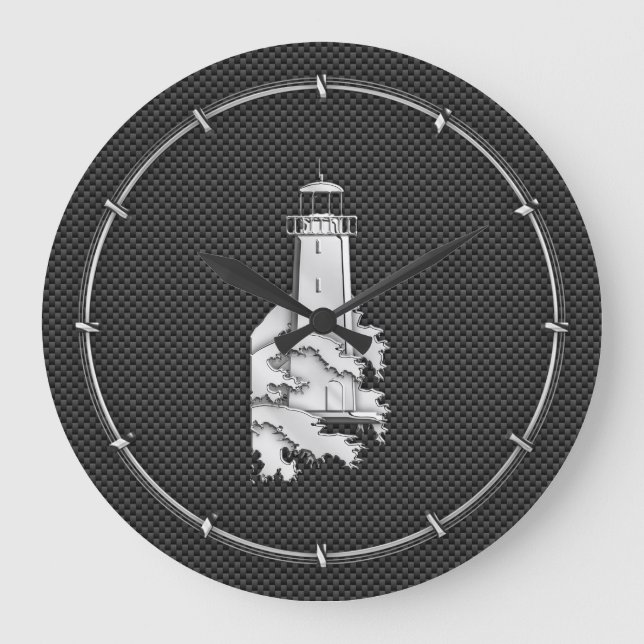 Chrome Style Lighthouse on Carbon Fibre Large Clock (Front)