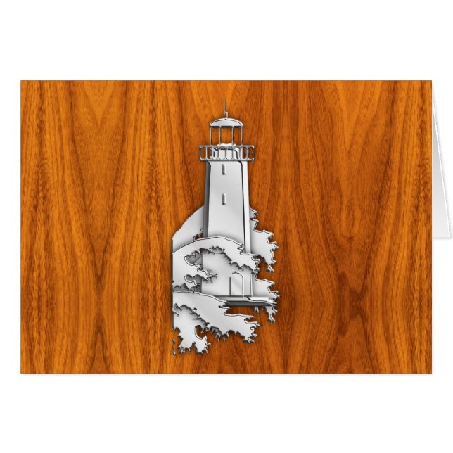 Chrome Style Lighthouse on Teak Wood (Front Horizontal)