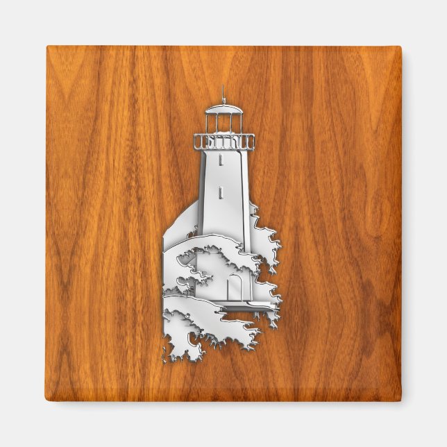 Chrome Style Lighthouse on Teak Wood Decor Magnet (Front)