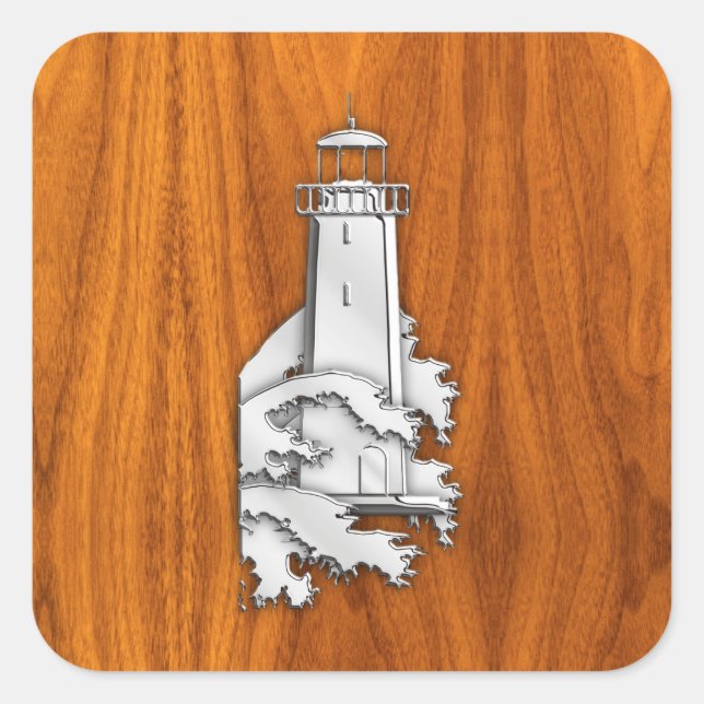 Chrome Style Lighthouse on Teak Wood Decor Square Sticker (Front)