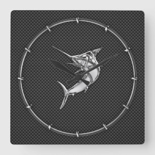 Chrome Style Marlin on Carbon Fibre Square Wall Clock