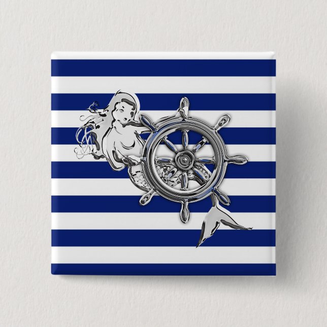 Chrome Style Mermaid on Nautical Stripes 15 Cm Square Badge (Front)