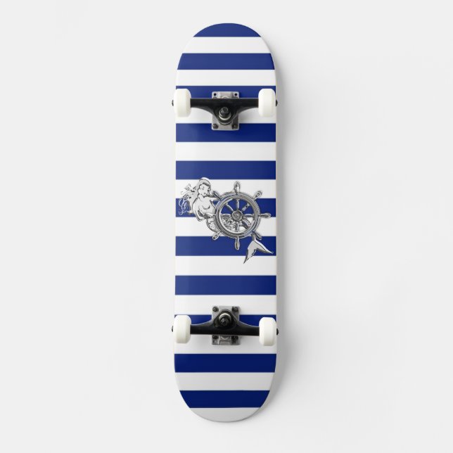 Chrome Style Mermaid on Nautical Stripes Skateboard (Front)