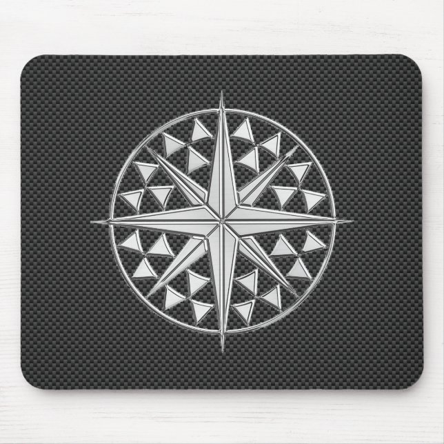Chrome Style Nautical Compass Star on Carbon Fibre Mouse Pad (Front)