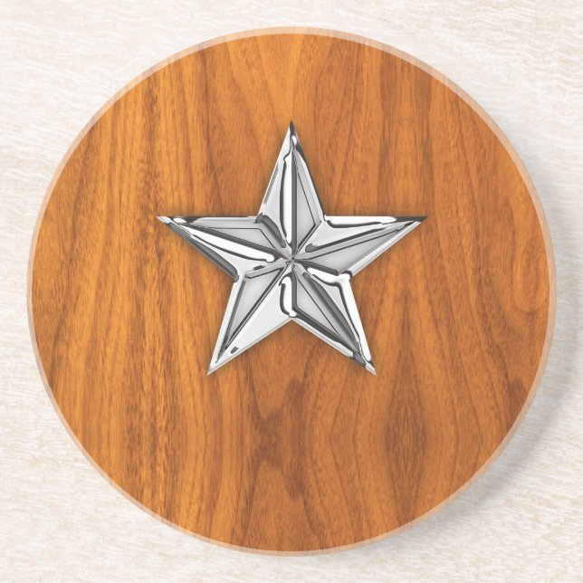 Chrome Style Nautical Star on Teak Veneer Coaster (Front)