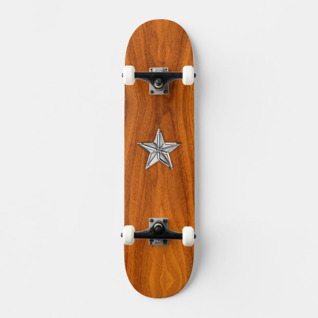 Chrome Style Nautical Star on Teak Veneer Skateboard (Front)