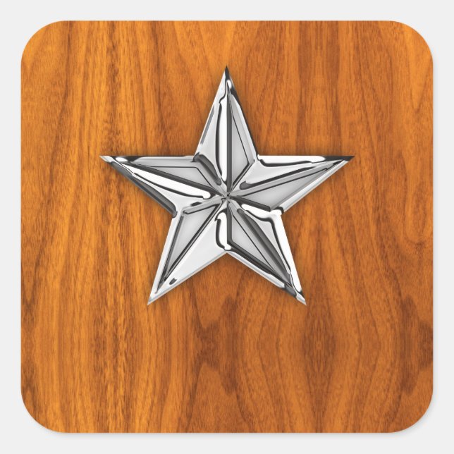 Chrome Style Nautical Star on Teak Veneer Square Sticker (Front)