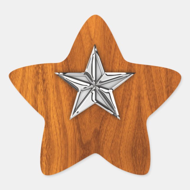 Chrome Style Nautical Star on Teak Veneer Sticker (Front)