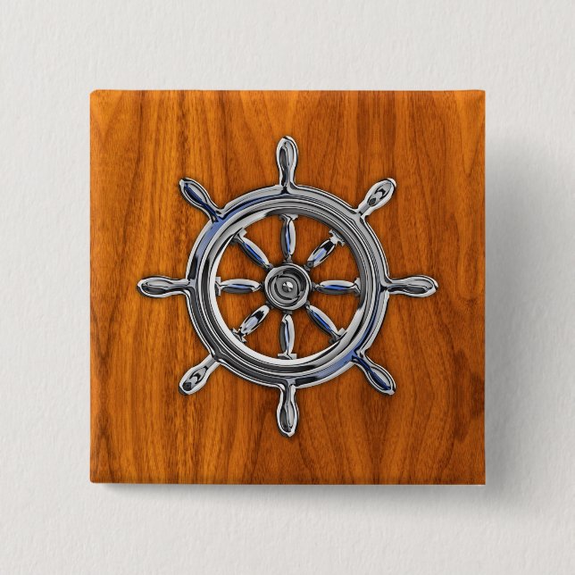 Chrome Style Nautical Wheel on Teak Veneer 15 Cm Square Badge (Front)