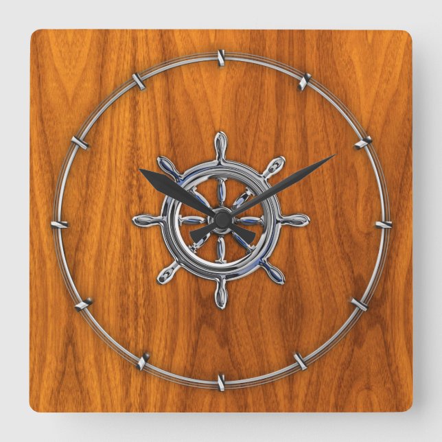 Chrome Style Nautical Wheel on Teak Veneer Square Wall Clock (Front)