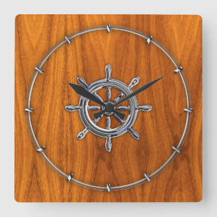 Chrome Style Nautical Wheel on Teak Veneer Square Wall Clock