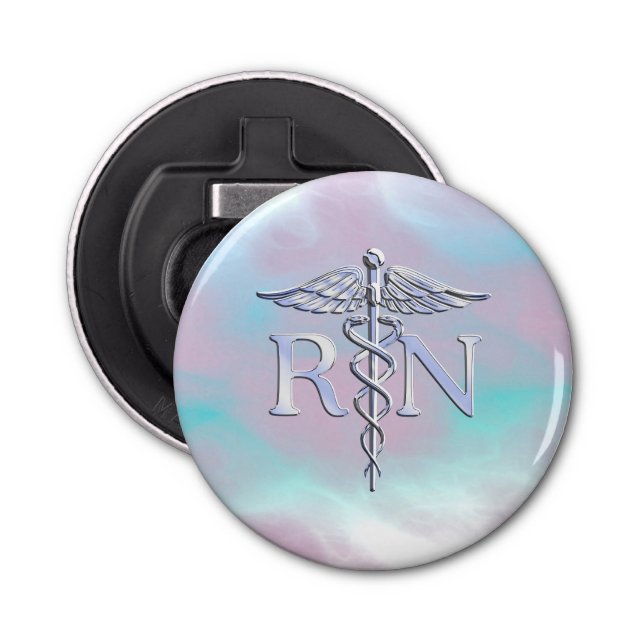 Chrome Style RN Caduceus Medical Mother Pearl Look Bottle Opener (Front)