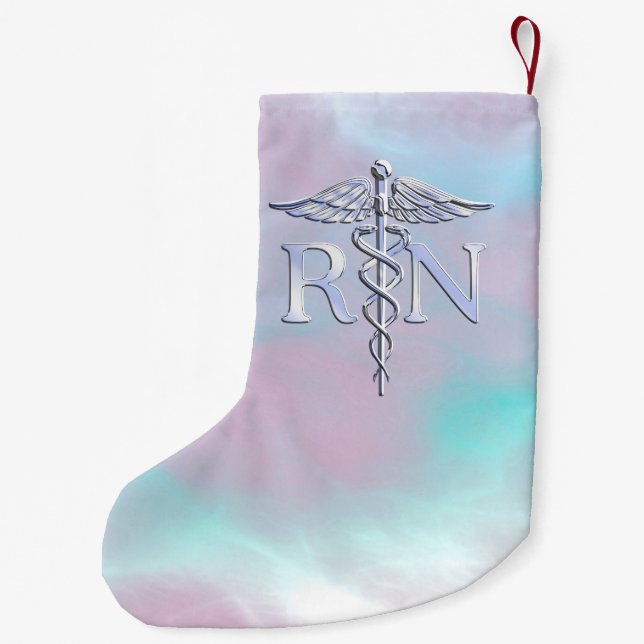 Chrome Style RN Caduceus Medical Mother Pearl Look Small Christmas Stocking (Back)