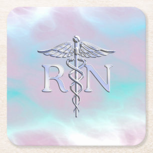 Chrome Style RN Caduceus Medical Mother Pearl Look Square Paper Coaster