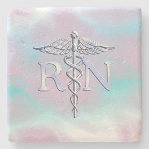 Chrome Style RN Caduceus Medical Mother Pearl Look Stone Coaster