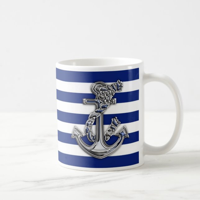 Chrome Style Rope Anchor on Nautical Stripes Coffee Mug (Right)