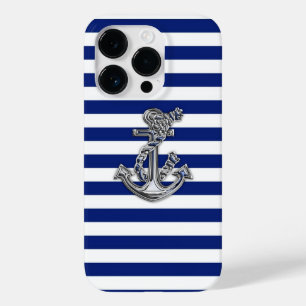 Chrome Style Rope Anchor on Nautical Stripes Decor Case-Mate iPhone 14 Pro Case