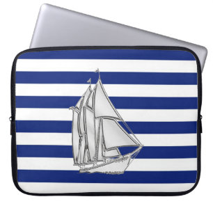 Chrome Style Sailboat on Nautical Stripes Laptop Sleeve