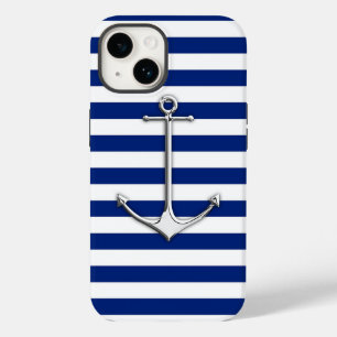 Chrome Style Thin Anchor on Blue Stripes iPhone Case