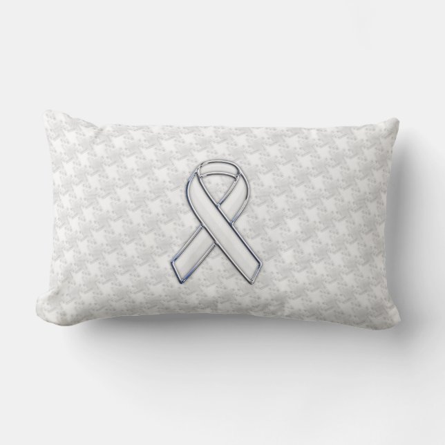 Chrome Style White Ribbon Awareness Houndstooth Lumbar Cushion (Front)