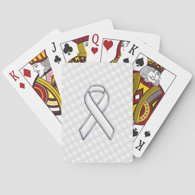 Chrome Style White Ribbon Awareness Houndstooth Playing Cards (Back)