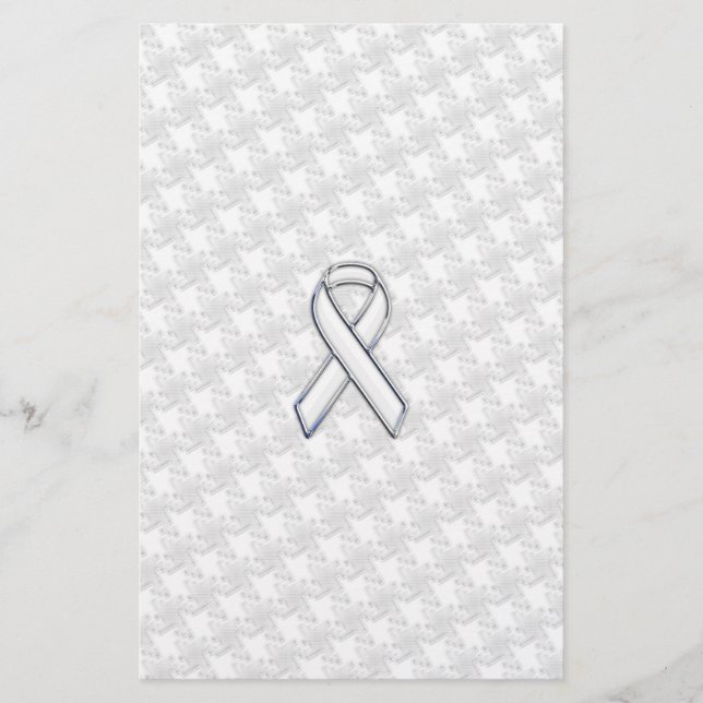 Chrome Style White Ribbon Awareness Houndstooth Stationery (Front)