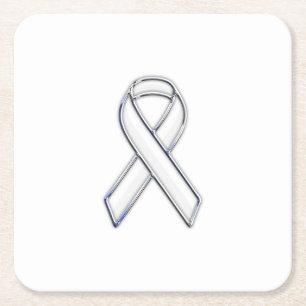 Chrome Style White Ribbon Awareness Square Paper Coaster
