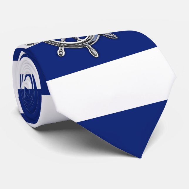 Chrome Wheel on Nautical navy blue Stripes Tie (Rolled)