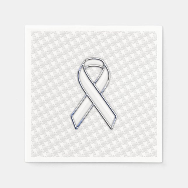 Chrome White on White Ribbon Awareness Houndstooth Napkin (Front)
