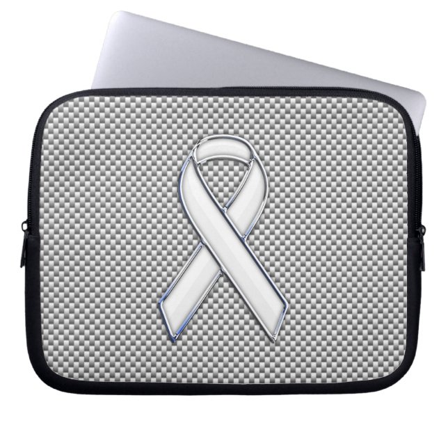 Chrome White Ribbon Awareness Carbon Fibre Print Laptop Sleeve (Front)