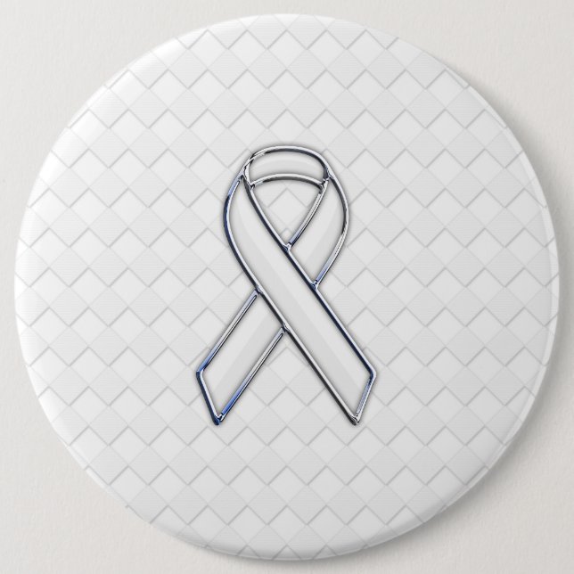 Chrome White Ribbon Awareness on Checkers 6 Cm Round Badge (Front)