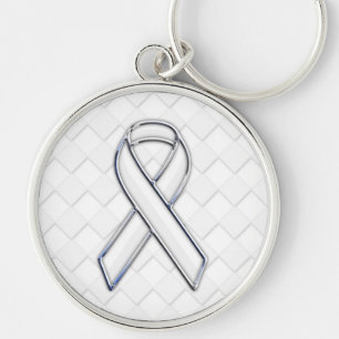 Chrome White Ribbon Awareness on Checkers Decor Key Ring
