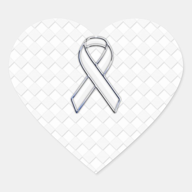 Chrome White Ribbon Awareness on Checkers Print Heart Sticker (Front)