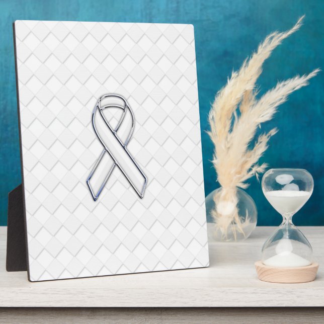 Chrome White Ribbon Awareness on Checkers Print Plaque (Side)
