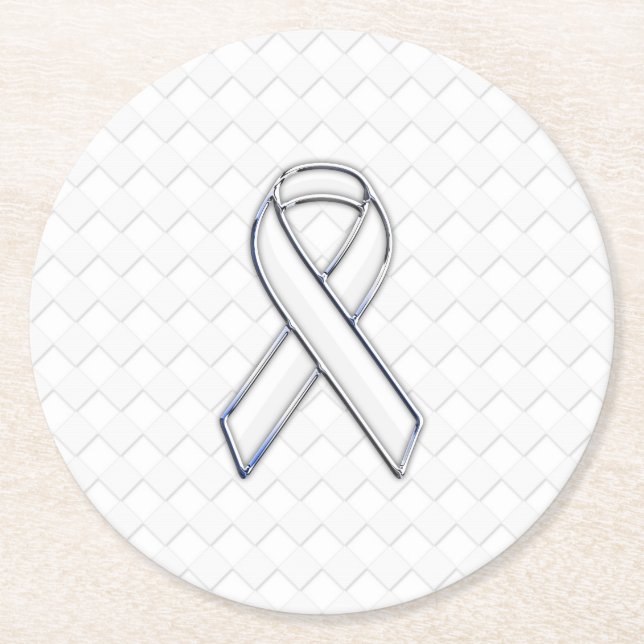 Chrome White Ribbon Awareness on Checkers Round Paper Coaster (Front)