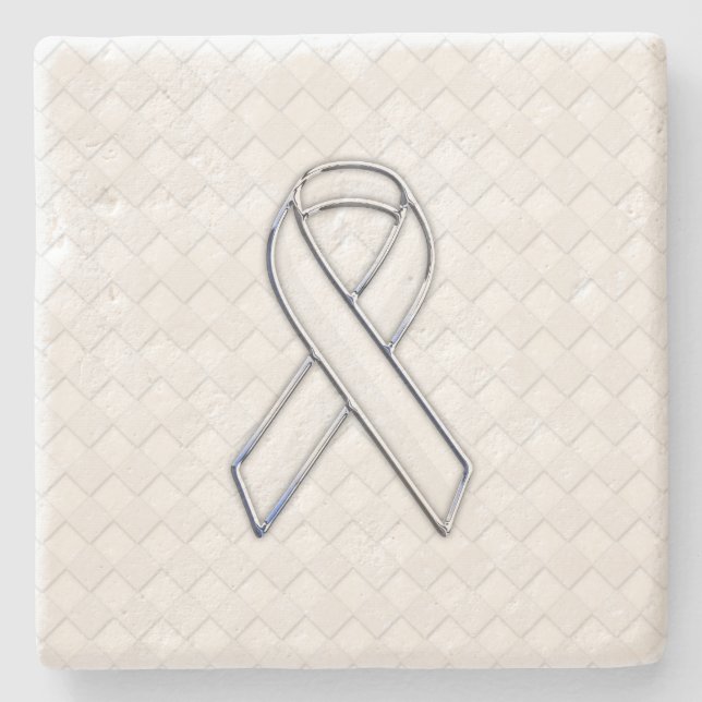 Chrome White Ribbon Awareness on Checkers Stone Coaster (Front)