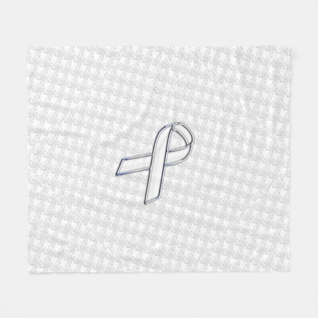 Chrome White Ribbon Awareness on Houndstooth Style Fleece Blanket (Front (Horizontal))